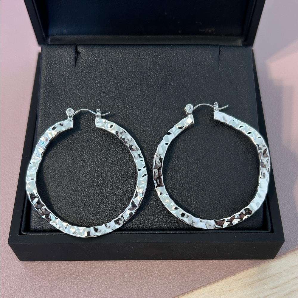 Stainless Steel Textured Hoop Earrings - Women Jewelry